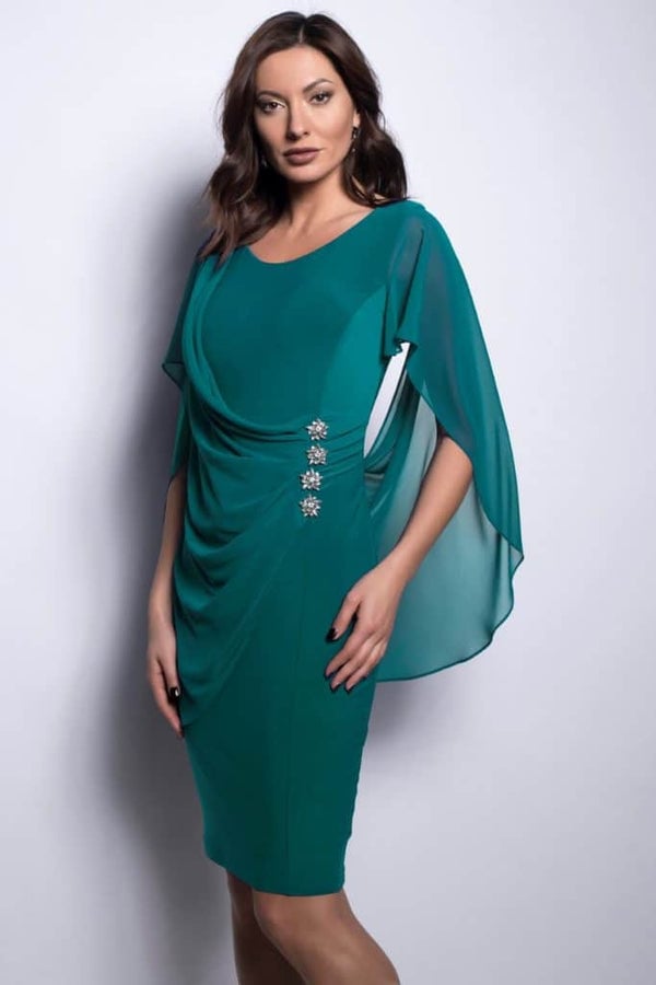 Duchess Green jersey dress with chiffon layer creating a dramatic back and sleeve effect and embellished with rhinestone buttons.