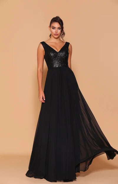 A lovely full-length gown with a featured sequin V-neckline front and back bodice which is fitted at the waistband before flowing out into a full chiffon skirt, to help create an elegant A-line silhouette.