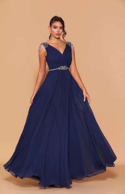 A beautiful full-length chiffon gown, featuring a V-neckline coupled with diamante cap sleeves.