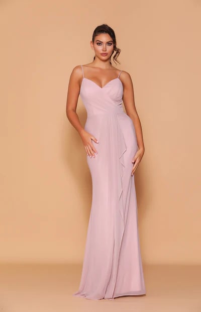 An elegant full-length gown featuring a gorgeous cross-over and gathering details on the bodice and a sweetheart neckline with spaghetti straps.