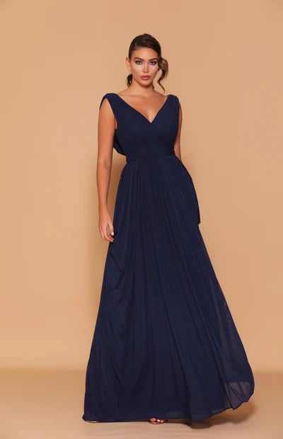 This beautiful long gown features a stunning side draped detailing along either side of the A-line style skirt.