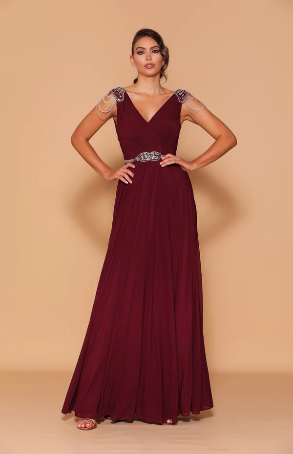 LD1106 Long Wine colour Dress, front, hands on hips View By Les Demoiselle