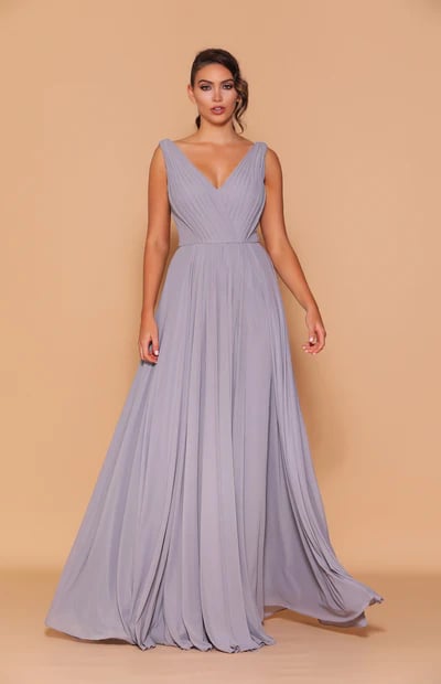 A beautifully elegant A-line silhouetted long gown that features a cross-over, pleated detailed bodice.