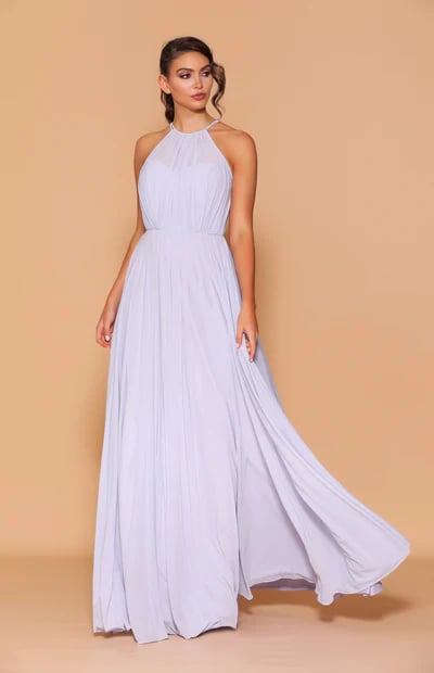 legant full length gown that features a high, halter neckline with the illusion of a sweetheart neckline, as well as a keyhole detail in the back of the dress.