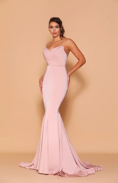 This is a gorgeous full-length gown that features a strapless neckline with a scooped overlay detailing on the bust, and a low cut back.