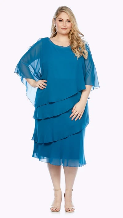 Stylish, mid-length soft chiffon-tiered dress with a cold shoulder for arm coverage. Added diamante detail on shoulders.