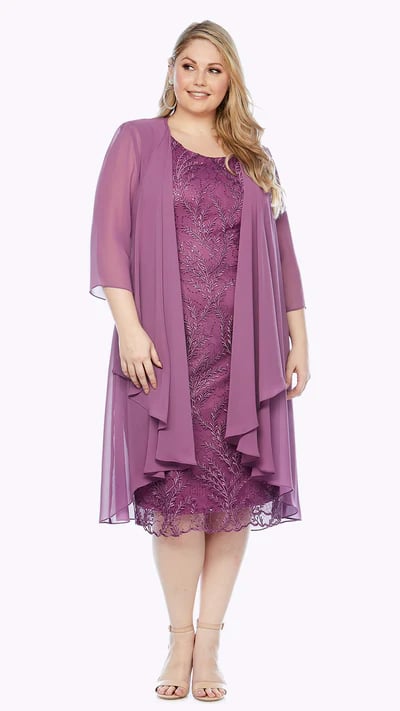 Elegant sleeveless embroidered floral lace dress with a soft sheer chiffon jacket.