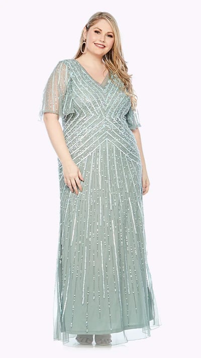 An elegant art deco inspired, long beaded dress with flattering short loose sheer beaded sleeves.